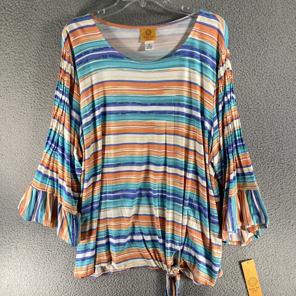 Ruby Rd. Striped Top Women 2X NEW Multi-Color Tie Front Bell Sleeve 21850 VB NEW